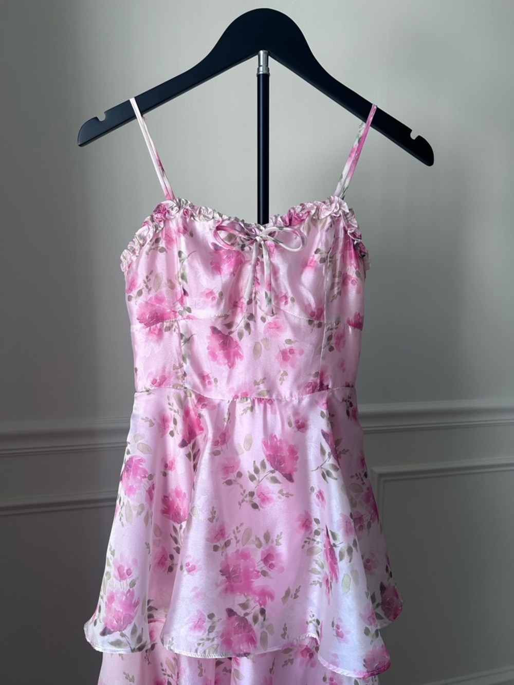 Lulu's Pink Floral Tiered Midi Dress with Spaghetti Straps - Picture 7 of 9